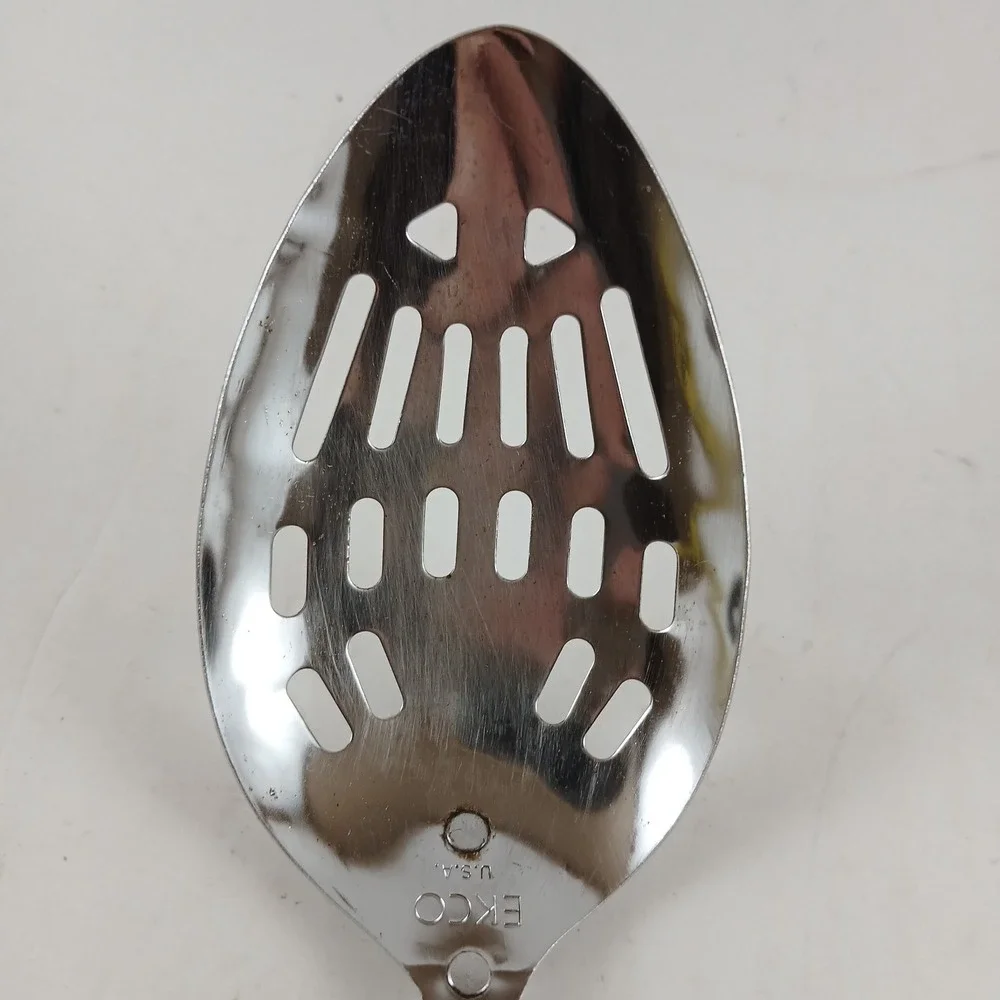 Vintage Ekco Slotted‎ Serving Spoon Stainless Steel Beige Plastic Handle